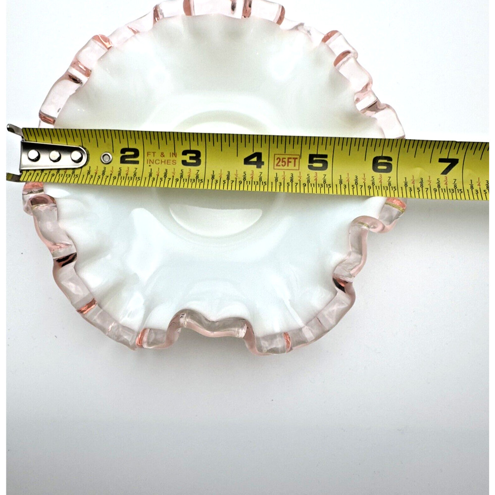 Vintage Fenton Rose Crest Milk Glass Bowl Dish Pink Ruffled Crimped Edges 6" - Picture 6 of 7